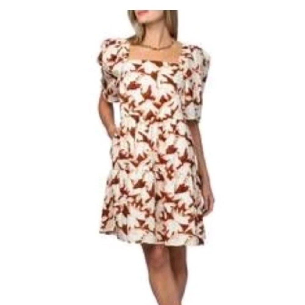 Crosby By Mollie Burch Conor Mini Dress Women's S Abstract Orange Brown Puff Slv